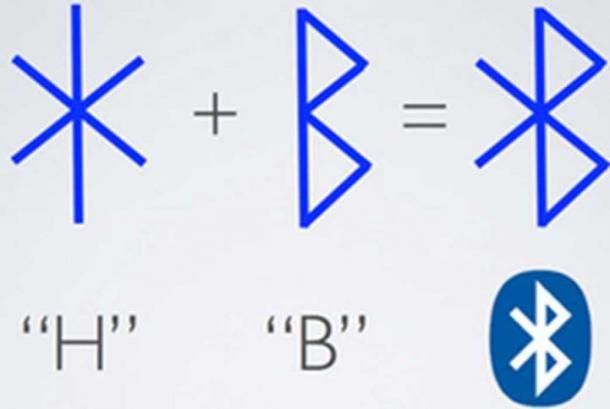 Harald's initials in runes and his Bluetooth nickname. ( haraldgormssonbluetooth)