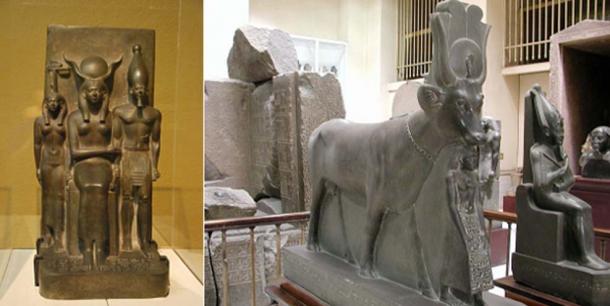 A triad statue depicting the Hare Nome goddess, the goddess Hathor, and the pharaoh Mekaura. circa 2548-2530 B.C. (CC BY 3.0) Sculpture of Hathor as a cow, with all of her symbols, the sun disk, the cobra, as well as her necklace and crown. (CC BY-SA 2.5)