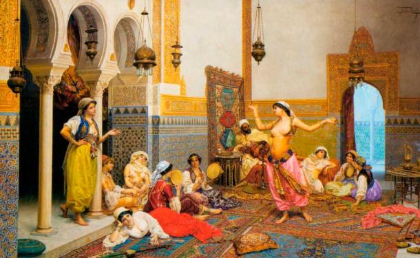 Oil painting of The Harem Dance by Giulio Rosati. Along the Silk Road, women were sexually exploited on the streets, as well as by elite rulers like Genghis Khan. (Public Domain)