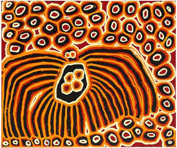 Harry Tjutjuna, Pitjantjatjara, Walytjatjara, coin nord-ouest de l'Australie du Sud, Australie né c. 1928/1932, Wanka Tjukurpa (Spiderman), 2007, peinture polymère synthétique sur toile 154cm hx 182cm w. Collection Galerie nationale d'Australie, Canberra. (Image: © l'artiste, avec la permission du Ninuku Art Center)