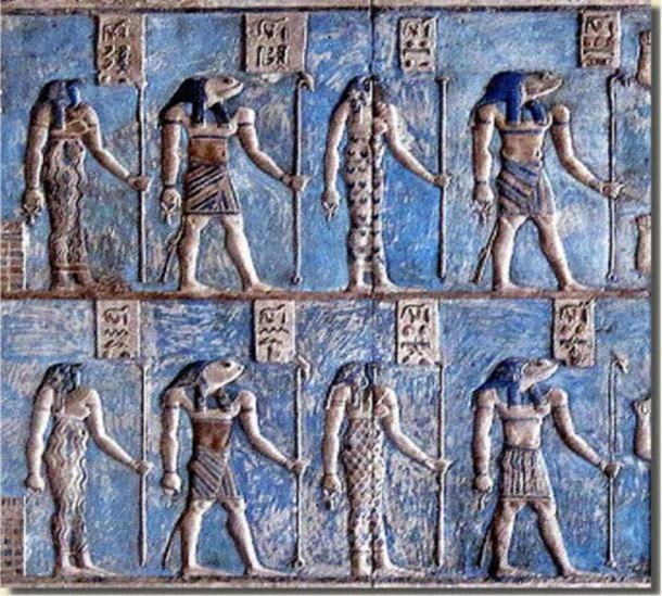 Detail, Relief in the temple of Hathor at Dendera showing the four couples of the Ogdoad of Hermopolis. 