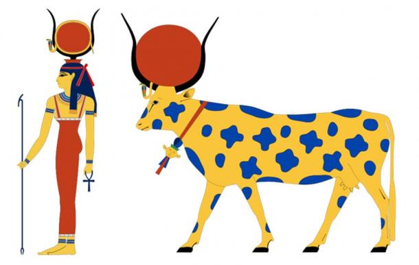 Hathor, ancient Egyptian goddess. Hathor is depicted in many forms, most commonly as a woman with cow-horns and sun disk. (CC BY-SA 4.0)/ Hathor in the form of a divine cow. Around the neck is a hathor-emblem and a sun disk rests between the horns. (CC BY-SA 4.0).