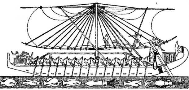 An image of Queen Hatshepsut’s sailing boat during an expedition to the Land of Punt on the Red Sea coast.