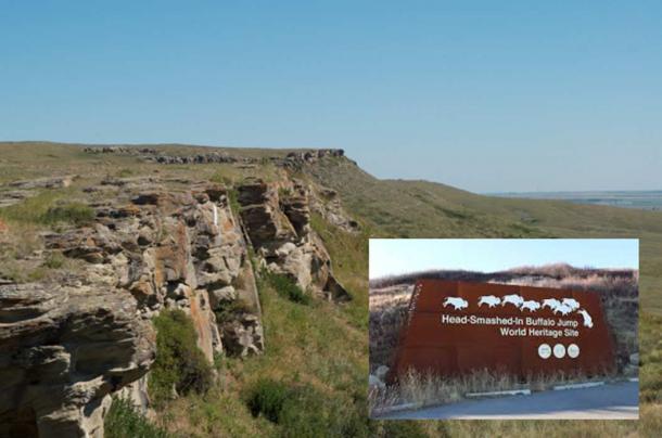 Main: Head-Smashed-In Buffalo Jump in Alberta. Inset: The entrance to the Buffalo Jump