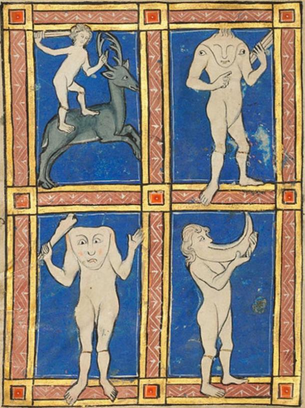 A Headless Man with Eyes on His Shoulders; A Headless Man with a Face on His Chest; A Man with a Large Under Lip, 13th century illustration