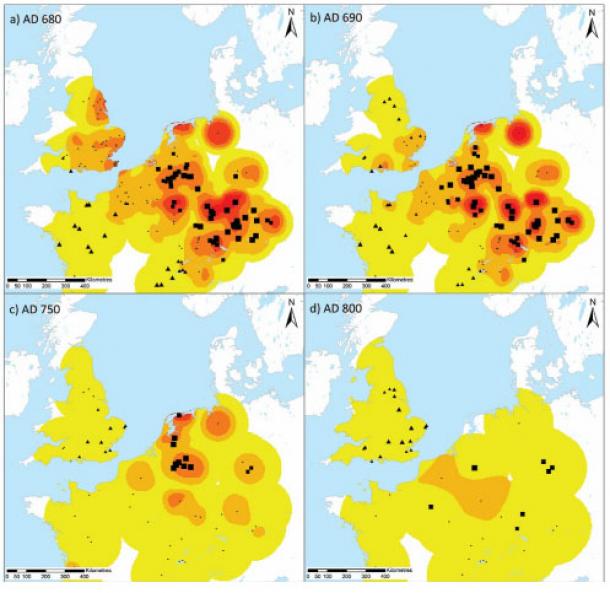 A ‘heat map’ of grave goods’ inclusion in burials over time, showing how they disappear from large parts of early Medieval Western Europe contemporaneously. (E. Brownlee/ Antiquity Publications Ltd)