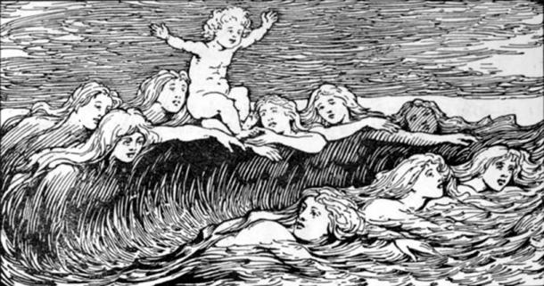 Heimdal and his Nine Mothers (1908) by W. G. Collingwood, in which Heimdallr's Nine Mothers are depicted as waves (public domain)