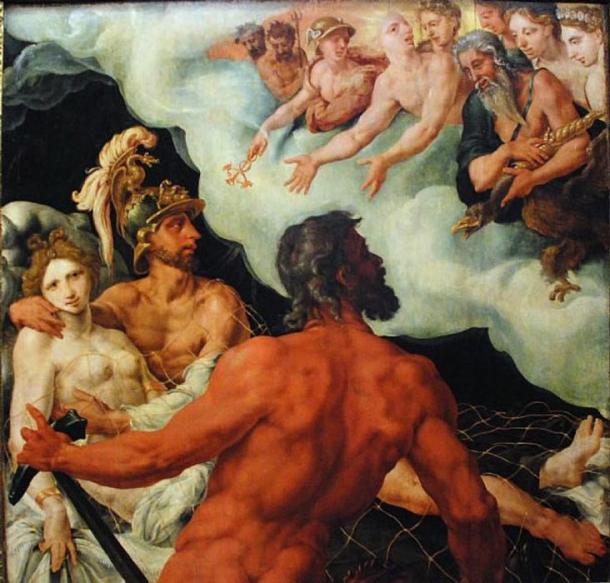 Helios(As Sol)는 다른 신들을 보여줍니다 Venus 와 Mars(아프로디테와 Ares),Vulcan(Hephaestus)은 그림의 전면에 서 있습니다. (1540)마틴 반 Heemskerck 으로. (Public Domain)