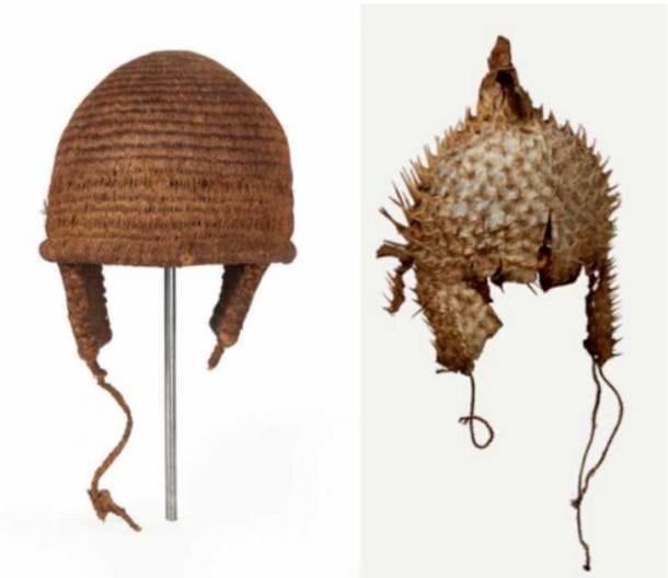 Left: Helmet made of coconut fiber. Two ear guards extend from the rim of the helmet, and plaited coconut fiber ties for fastening extend from these ear guards. (British Museum / CC BY SA 4.0). Right: Helmet made of porcupine fish skin and coconut fiber. The body of a porcupine fish has been expanded and made into a helmet. Ear guards are cut from the fish's body and a two-ply twisted coir tie is used for fastening (British Museum / CC BY SA 4.0).