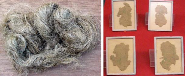 Left: Hemp fiber from the Cannabis sativa plant. Right: Chinese hemp fiber paper, used for wrapping not writing, excavated from the Han Tomb of Wu Di (140-87 BC) at Xi'An
