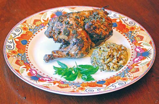 “Hen with Herbs”. Laura Kelley recreates Recipe 2 from Yale tablet 8958. (Laura Kelley) This version was made with pigeon, salt, water, fat, vinegar, semolina, leek, garlic, shallots, tulip bulb, yogurt or sour cream, and “greens.”