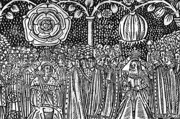 16th century woodcut of the coronation of Henry VIII of England and Catherine of Aragon showing their heraldic badges, the Tudor Rose and the Pomegranate of Granada 