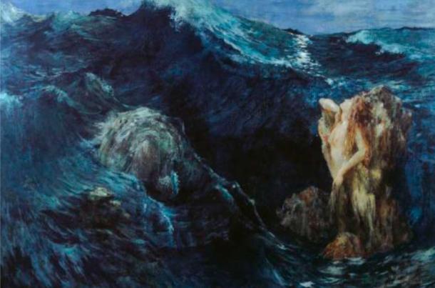 La dea Era inviò una ninfa marina per guidare Giasone e i suoi Argonauti in sicurezza tra Scilla e Cariddi.  1894 dipinto ad olio delle due bestie marine di Ary Renan.  (Dominio pubblico)