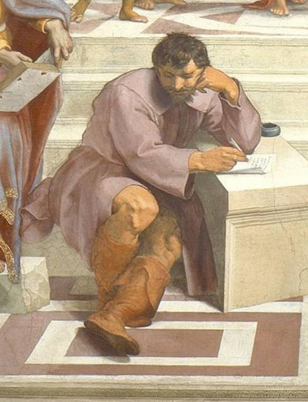 Heraclitus (with his face in the style of Michelangelo) sits apart from the other philosophers in Raphael's School of Athens. (Public Domain)