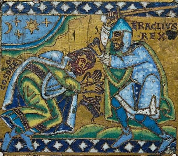 Byzantine Emperor Heraclius submitting the last important king of the Sasanian Empire, king Khosrau (Khosrow) II (reigned 590-628 AD).