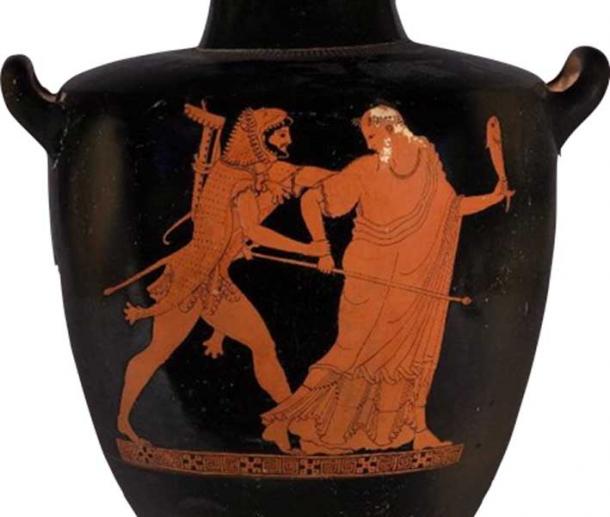 Nimrod/Herakles surprises Noah/Nereus from behind, grabbing him by the shoulder and by the wrist that holds his scepter, letting him know that his authority in the post-Flood world has come to an end. (Author provided)