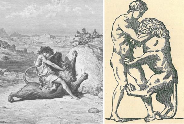 Herakles is believed to be a derivative from Samson. Left: Samson slaying a lion (Wikimedia Commons). Right: Herakles fighting a lion (Wikimedia Commons)