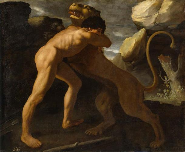 Herakles, the divine hero of Greek mythology, fighting with the Nemean lion. Alexander the Great claimed to be his descendant. (Public domain)