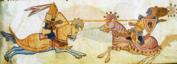 Heralds were respected authorities on heraldry.  His knowledge was needed to decipher who was who in this picture of two jousting knights.  In the royal arms of England a knight (Gules, three lions passant guardant) bearing a moor's head as his arms.  A man bearing the royal arms without a 'label' or other heraldic distinction, unmistakably indicates the King of England.  Richard I was the only English king to take part in the Crusades in the Holy Land.  (Public Domain)
