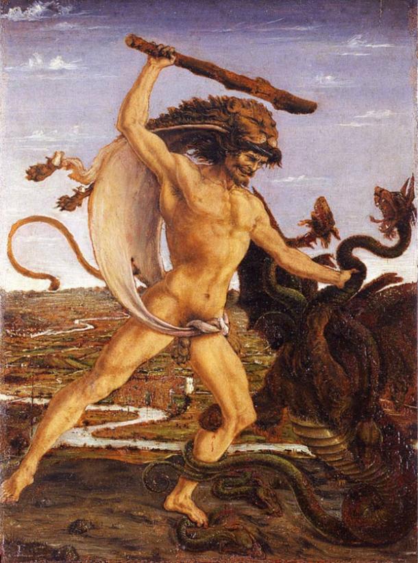 Hércules y la Hidra (ca. 1475); el héroe viste su característica piel de león y empuña un garrote.