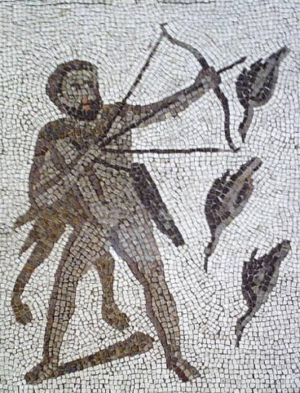 Hercules killing the Stymphalian birds with toxic arrows. Detail of The Twelve Labours Roman mosaic from Llíria (Valencia, Spain).