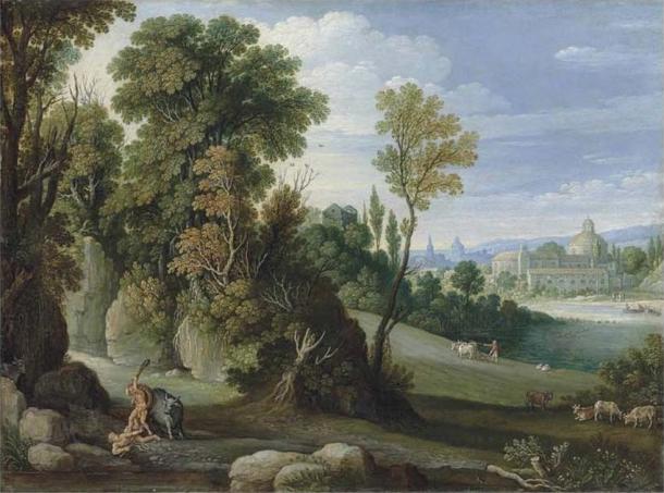 Hercules beating Cacus with his club with the cattle behind him. (Marten Ryckaert / Public domain)