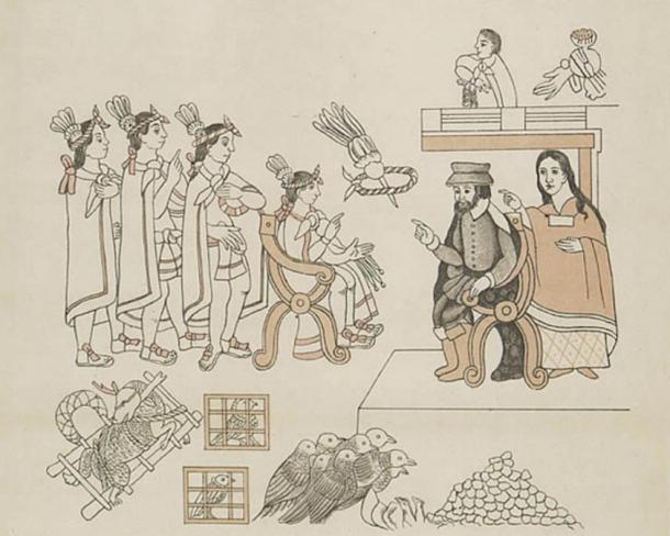Hernán Cortés and La Malinche meet Moctezuma II in Tenochtitlan, November 8, 1519. Facsimile (c. 1890) of Lienzo de Tlaxcala.