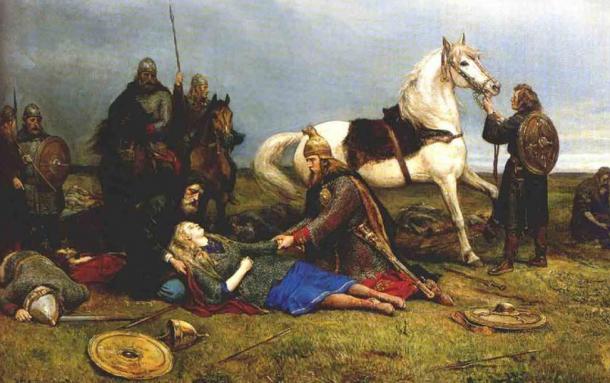 Hervors død, Peter Nicolai Arbo. Hervor was a shieldmaiden who dressed like a man, fought, killed and pillaged. Her story is presented in the Hervarar saga. 