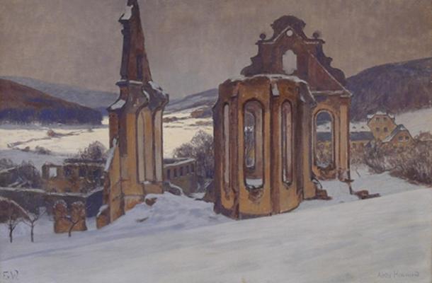 Himmerod Abbey by Fritz von Wille, pre-1941, church ruins before reconstruction