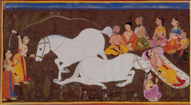Illustration of the Hindu epic Ramayana depicting Ashwamedha (horse sacrifice).