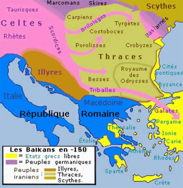 Historic map of Balkan peninsula including the Thracian territory from 150 BC. (Spiridon MANOLIU / CC BY-SA 3.0)