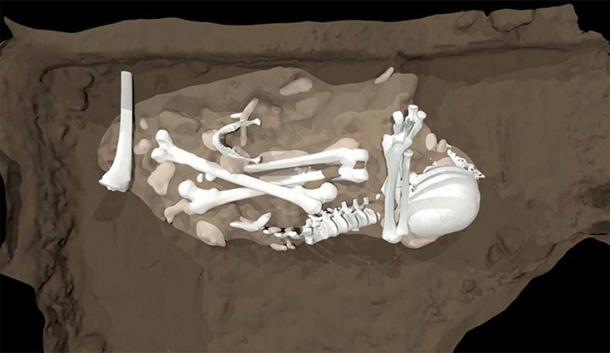 صورة بقايا Homo naledi ، في حفرة دفن محتملة في نظام الكهف.  (بيرجر وآخرون ، 2023)