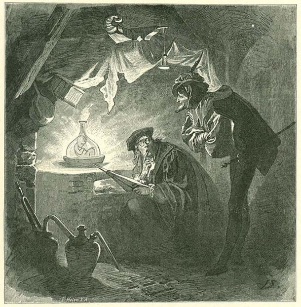 Homunculus in the Vial. Illustration of Johann Wolfgang von Goethe, Faust. Part Two, Act II, laboratory, 1899 (public domain)