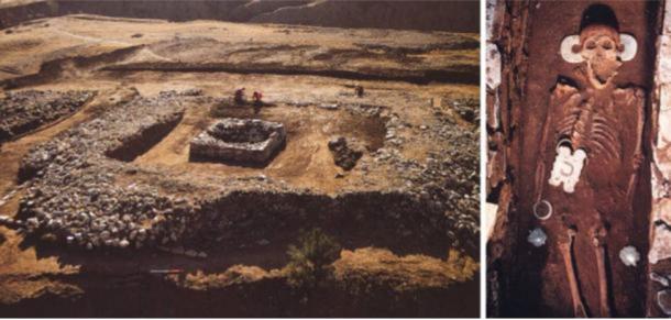 Hongshan platform at Niuheliang (Left) and central burial with carved jades from another platform (Right).