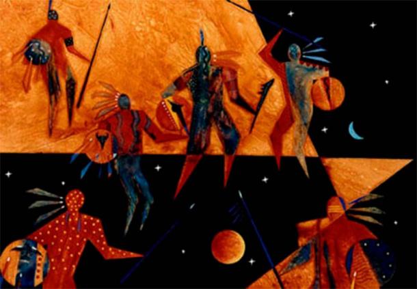 Hopi painting.  Hopi beliefs talk about the end of the fourth world and humanity entering the fifth world (current times). (elstudiogranados.com)