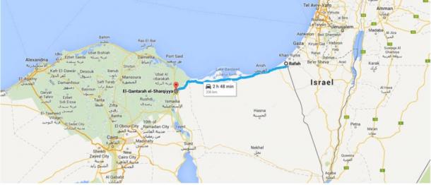 This Google Map shows the present-day route of the ancient Horus Military Route from Qantara to Rafah. The body of water to the north is the Mediterranean Sea.