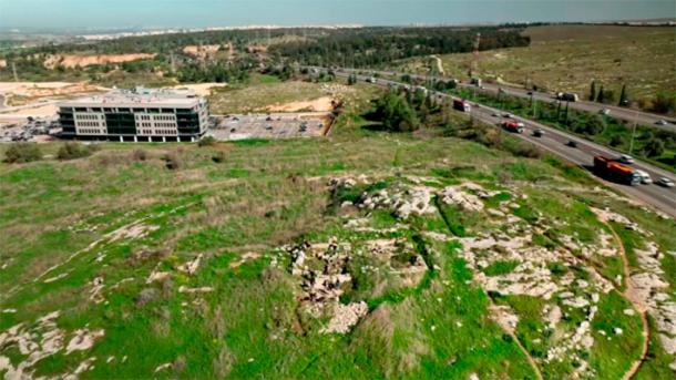 The Horvat El-Bira site with a view of the offices of Israel Antiquities Authority Central Region in Shoham (Emil Algam/IAA)