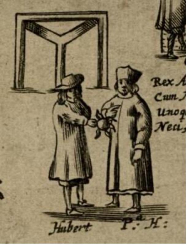Hostile depiction of Hubert from the Pyrotechnica Loyalana, showing him receiving a fire-bomb from a Jesuit labelled 