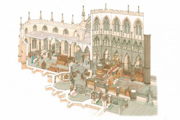 Aspecto del extremo este de la Iglesia de la Abadía y su mobiliario, diseñado por el ilustrador Stephen Conlin, basado en la evidencia del estudio. (Stephen Conlin / Grupo Taylor & Francis)