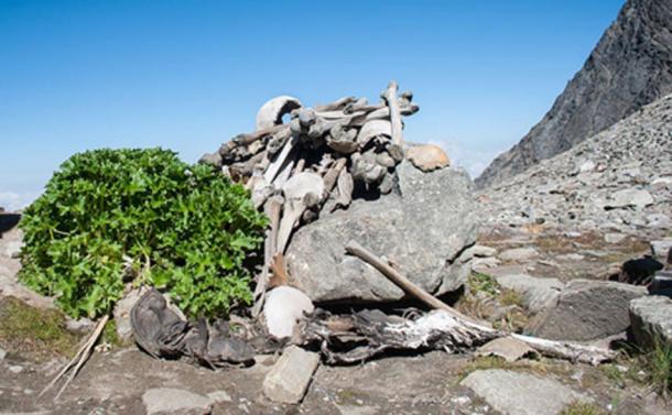 Human Skeletons in Roopkund Lake, aka Skeleton Lake. (Schwiki/CC BY SA 4.0)