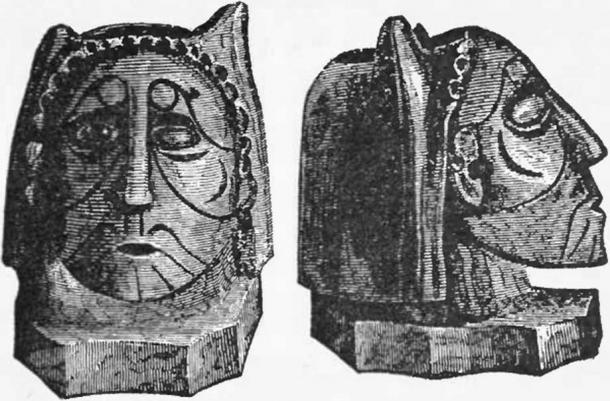 Human effigy pipe made of hard, compact, black stone, with holes in the headdress for pearls. Found by Squier & Davis in an Ohio burial mound.