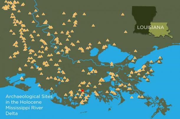 Hundreds of ancient mound sites, depicted here with yellow triangles, still survive in coastal Louisiana. A new study teases out the natural and human history of one of these mound-top villages, a site known as Grand Caillou, shown in red. Image: Graphic by Julie McMahon after Mehta and Chamberlain.