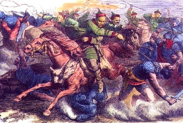 Huns in battle with the Alans. An 1870s engraving after a drawing by Johann Nepomuk Geiger.