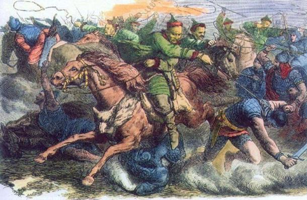 ‘Huns in battle with the Alans.’ An 1870s engraving after a drawing by Johann Nepomuk Geiger.