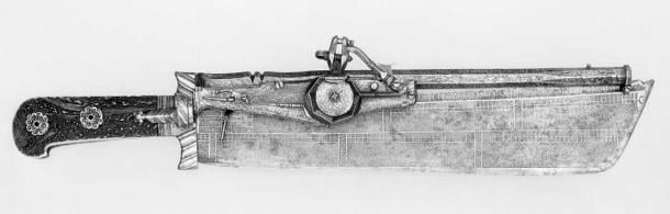 Cuchillo de caza del siglo XVI combinado con una pistola Wheellock. Las pistolas Wheellock a veces se combinaban con espadas, cuchillos, hachas, mazas, lanzas e incluso ballestas, que podían usarse si la pistola fallaba (Museo Metropolitano de Arte / Dominio público)