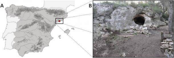 La ubicación de la cueva y la entrada a la cueva donde se encontró el cráneo de Cova Foradada. (Revista Internacional de Paleopatología)