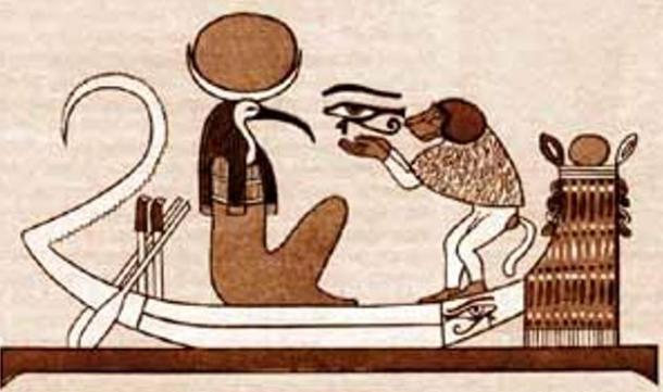 Ilustración de Thoth con cabeza de ibis y primate babuino en barco. 