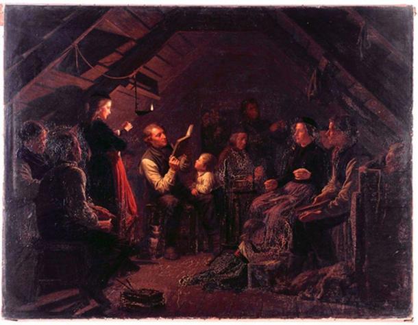 Painting of Icelandic family in kvöldvaka, by August Schiøtt (1823 - 1895)