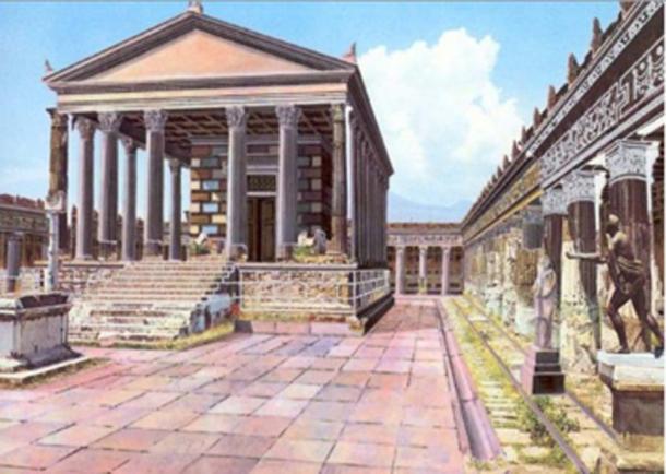 Illustrated reconstruction of how the Temple of Apollo in Pompeii may have looked before Mount Vesuvius erupted. (DuendeThumb / CC BY-SA 3.0)