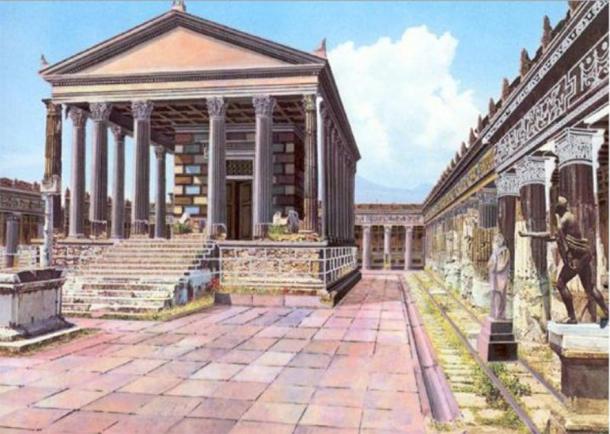 Illustrated reconstruction of how the Temple of Apollo in Pompeii may have looked before Mt. Vesuvius erupted. (CyArk / CC BY-SA 3.0)